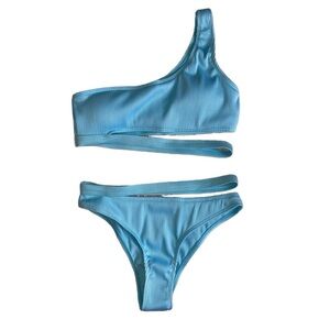BLUE ONE-SHOULDER BIKINI TOP & CHEEKY BOTTOMS · SIZE S · NWOT